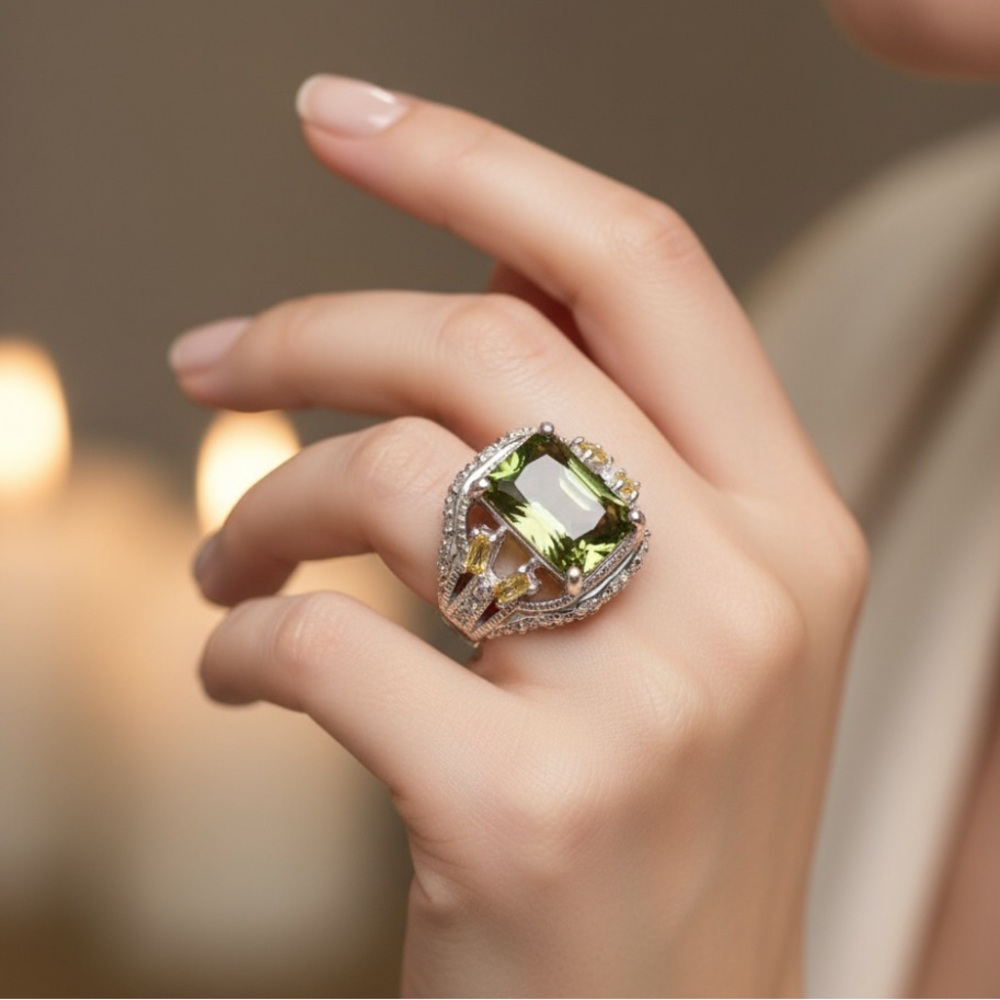 925 Silver Elegant Silver and Green Gemstone Ring